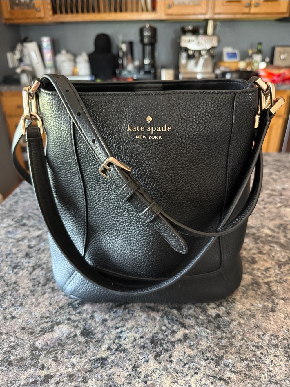 kate spade Black Pebbled Leather Shoulder Bucket Bag with Gold Hardware